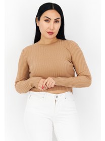 تصویر بلوز زنانه آستین بلند یقه گرد با بند پشت، رنگ بژ برند brave soul Women Round Neck Long Sleeve Ribbed Back Tie Blouse, Beige