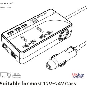 تصویر اینورتر (مبدل) برق خودرو 24 و 12 به 220 و 110 ولت کانفلون مدل Konfulon CZ-01 KONFULON Car inverter 12v24v to 220V volt converter truck household power reverse transformer charging socket model : CZ01