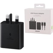 تصویر شارژر کلگی 45 وات 3شاخه سامسونگ EP-T4511 سوپرفست شارژ با کابل 1.8 متر ساخت ویتنام پک اصلی همراه گارانتی Samsung 45w EP-T4511 charger
