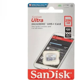 تصویر کارت حافظه microSDXC سن دیسک مدل Ultra کلاس 10 استاندارد UHS-I U1 سرعت 100MBps ظرفیت 256 گیگابایت SANDISK 256GB 100MBPS memory card