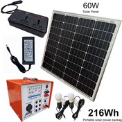 تصویر پکیج برق خورشیدی قابل حمل 216 وات ساعت همراه با پنل خورشیدی 60 وات و اینورتر 200 وات 216Wh portable solar power package with 60W solar panel and 200W inverter