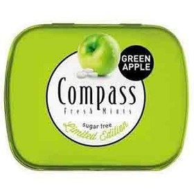 تصویر قرص خوشبو کننده دهان آلمانی کامپس Compass green apple بدون قند طعم سیب سبز جعبه فلزی 50 عددی 