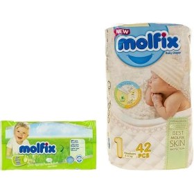 تصویر پوشک سایز 1 بسته 40 عددی به‌همراه دستمال مرطوب مولفیکس molfix پوشک کودک و نوزاد