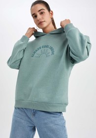 تصویر هودی زنانه سبز دیفکتو Z6130AZ22SM Regular Fit Kapüşonlu Slogan Baskılı Sweatshirt