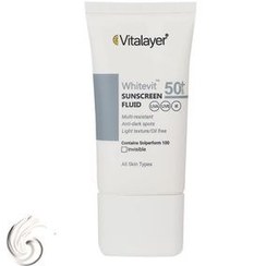 تصویر فلوئید ضدآفتاب بی‌رنگ ویتالیر، با SPF50، مدل Whitevit، حاوی محافظ UVA ،UVB، فاقد چربی، مناسب انواع پوست، حجم 50 میلی‌لیتر Colorless Vitalir SPF 50 sunscreen fluid, Whitevit model