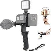 تصویر دوربین اکشن قابل حمل ارگونومیک 2 در 1 + تثبیت‌کننده دستگیره دستی SYN کیت پایه نگهدارنده ویدیوی ویدیویی برای GoPro Hero 11 iPhone مصاحبه سفر YouTube Tiktok Streaming-Mic+Light Adapter 