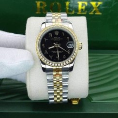 تصویر ساعت زنانه رولکس سایز مدیوم نگین مخراج شده عدد عربی مشکی Rolex 