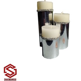 تصویر ست ۳تایی شمع قطر ۶ ارتفاع ۱۵/۱۲/۹ با نوارشبرنگ ا Set of 3 candles, diameter 6, height 15/12/9, with ribbon Set of 3 candles, diameter 6, height 15/12/9, with ribbon