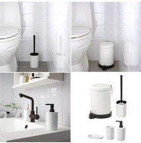 تصویر ست حمام سفید سرویس بهداشتی 5 Bathroom Set Trash Block مسواک Sabunluk توالت و پلاستیکی گالوانیزه IKEA 