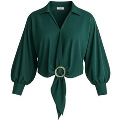 تصویر بلوز آستین بلند یقه برگردان زنانه مدل آماندیس AM303 رنگ سبز تیره 