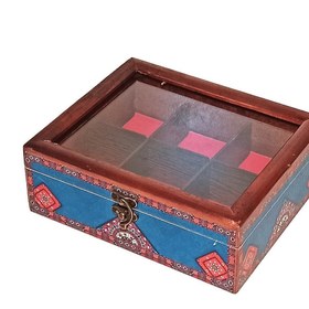 تصویر جعبه چوبی دمنوش ,چای و پذیرایی طرح درب شیشه ای 6 خانه کوچک 