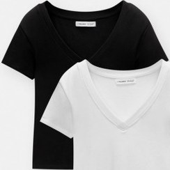 تصویر پک ۲ عددی تیشرت یقه هفت زنانه سفید/مشکی پل اند بیر 