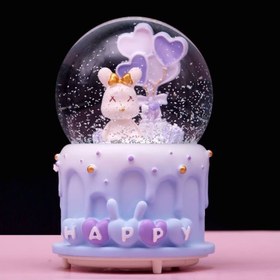 تصویر گوی موزیکال برفی پمپی و چراغدار طرح کیک تولد خرگوشی مدل Happy 