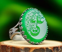 تصویر انگشتر نقره با سنگ عقیق سبز باحکاکی یاعلی کد 1311 