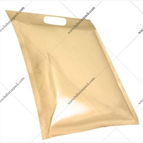 تصویر پاکت شفاف متالایز داخل طلایی سه طرف دوخت دسته دار 