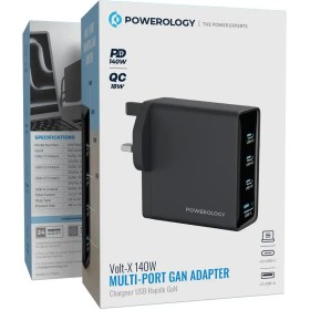 تصویر شارژر دیواری چند پورت 140W پاورولوژی مدل Volt-X PWTR407EBK Powerology Volt-X 140W Multi-Port Gan Adapter - Black