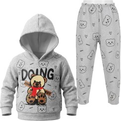 تصویر ست هودی و شلوار بچگانه اسپرت مدل خرسی رنگ طوسی روشن(سایز40-45) dark Gray teddy hoodie and sports pants set