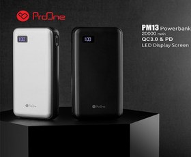 تصویر شارژر همراه پرو وان مدل PM13 ظرفیت 20000 میلی آمپر ساعت ا Mobile charger Pro One PM13 mobile charger with a capacity of 20,000 mAh Mobile charger Pro One PM13 mobile charger with a capacity of 20,000 mAh
