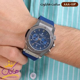 تصویر ساعت مردانه هابلوت کرنوگراف آبی قاب نقره‌ای بند رابر هابلوت ( Hublot )