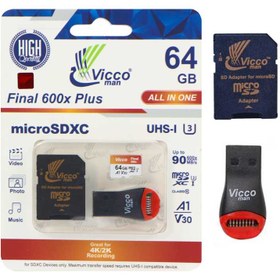 تصویر رم میکرو ۶۴ گیگ ویکومن Vicco Final All In One U3 A1 90MB/s + رم ریدر viccoman 600x plus all in one 64gb uhs-i u3 up to 90 mb/s