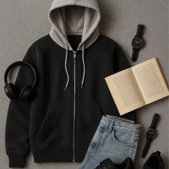 تصویر سوییشرت ترکیبی کلاه طوسی 