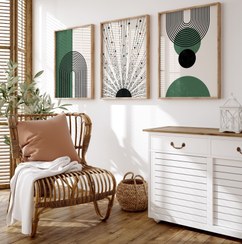 تصویر تابلو دکوراتیو مینیمال سه‌تیکه هندسی سبز مشکی 