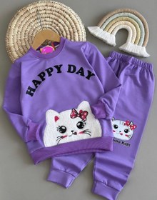 تصویر ست پوشاک دخترانه گربه مخملی سایز ۱ تا ۳ سال سبز 