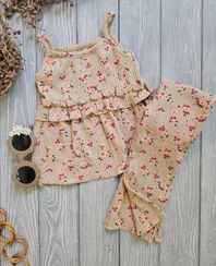 تصویر ست پوشاک دخترانه تاپ و شلوار کبریتی سایز ۱ رنگ ابی و صورتی و قهوه ای و سبز 