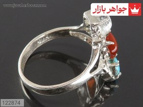 تصویر انگشتر نقره زنانه با نگین فیروزه نیشابوری و عقیق سرخ 