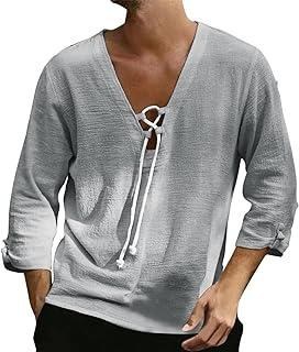 Hestenve Mens Linen Henley Shirt Casual Long Sleeve T-Shirt Summer Beach  Plain Tee Tops