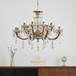 تصویر لوستر کلاسیک آویز 8 شاخه آنتیک دوبل زنبق پله ای با آویز بادامی برند عرشیا لایتینگ 