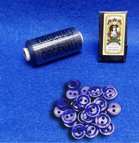 تصویر مجموعه دکمه سوزن نخ آبی 