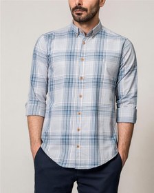 تصویر ​پیراهن مردانه آبی طوسی چهارخانه Ebra 