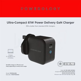 تصویر شارژر دیواری پاورولوژی 61 واتی مدل Poweology p61pdwukcbk Powerology type C wall charger p61pdwukcbk