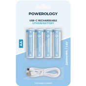 تصویر باتری قلمی قابل شارژ پاورولوژی Powerology مدل PRUBAA4(بسته 4 عددی همراه کابل شارژ) Powerology USB Rechargeable AA Battery (4pc pack)