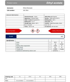 تصویر اتیل استات 1 لیتر مجللی Ethyl Acetate 1Lit Extra Pure