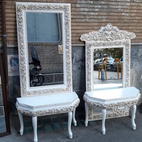 تصویر میز و آیینه چوبی تمام گل سفید طلایی(120در70) 