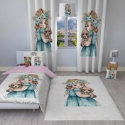 تصویر ست اتاق خواب کودک روتختی، پرده و فرشینه طرح دختر وسگ 