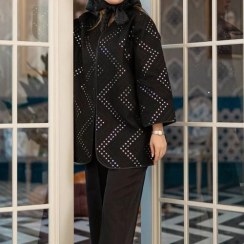 تصویر مانتو مجلسی زنانه جلوباز آینه کاری شده شانتون مشکی 