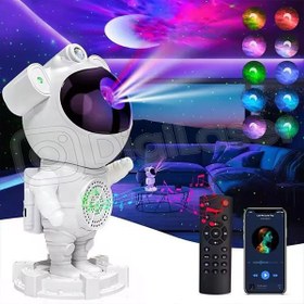 تصویر ربات پروژکتوری اسپیکر دار کهکشانی مدل فضانورد robot galaxy projector speaker