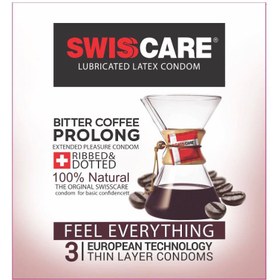 تصویر کاندوم سوئیس کر مدل Bitter Coffee Prolong بسته 3 عددی Swiss Care model Bitter Coffee Prolong Condom -package 3 pieces