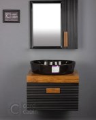 تصویر روشویی کابینتی و آینه باکس طرح بامبو مشکی چوب بیضی گاتریا 