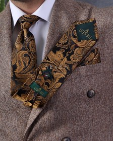 تصویر ست کراوات و دستمال‌جیب مردانه نسن | طرح بته‌جقه مشکی طلایی T87 