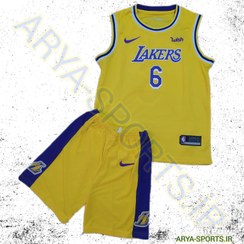 تصویر لباس بسکتبال پسرانه رنگ زرد لیکرز کیفیت A+تایلندی Lakers yellow basketball uniform for boys, A+ Thai quality