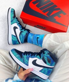 تصویر نایک ایر جردن ۱ ساقدار تای دای آبی نفتی Nike air Jordan 1 high tie dye blue 