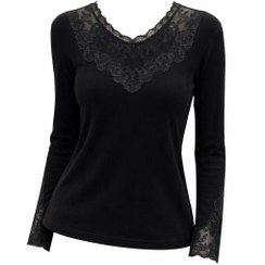 تصویر تیشرت مجلسی زنانه وارداتی SHYSIE سر آستین گیپور دار یقه کار شده کد 8659 