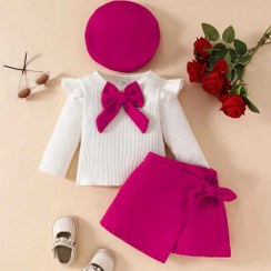 تصویر ست پوشاک دخترانه ارغوانی ۳ تکه شامل بلوز و دامن و کلاه 