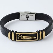 تصویر دستبند چرم مشکی مردانه پلاک استیل طلایی طرح قیچی 