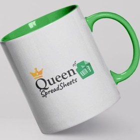 تصویر لیوان QUEEN of Spreadsheets کد M03 (دسته‌ داخل رنگی + زیرلیوانی) 