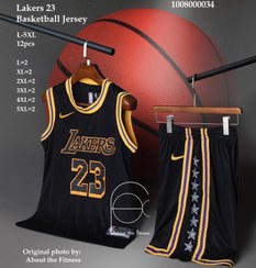 تصویر رکابی لباس بسکتبالی لس انجلس لیکرز با شماره ۲۳ جیمز ست بسکتبالی رنگ مشکی زرد تایلندی کلاس A++ Lebron James No.23 Basketball Jersey Set #23 Lakers Basketball Clothes for Kids Adult - Black 5XL